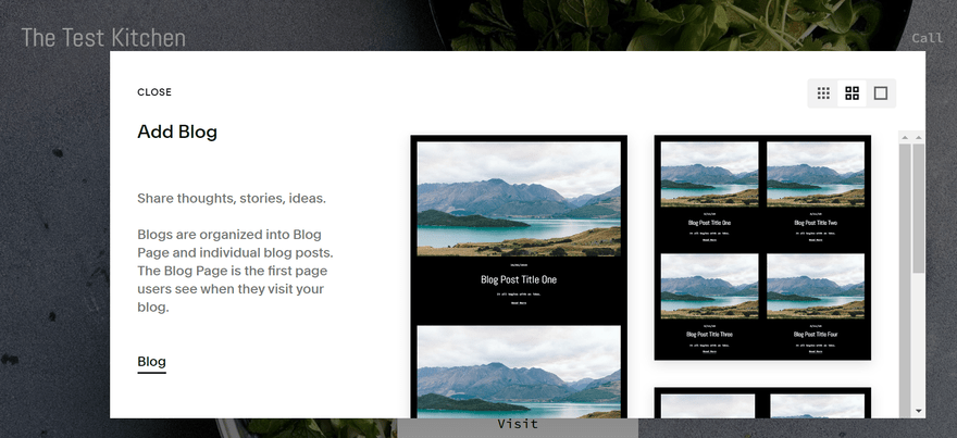 Squarespace add a blog new "Add Blog" page with layouts of image templates to choose from.