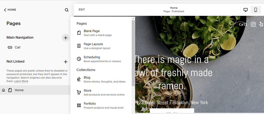 Squarespace add page 1 A list under the heading "Pages" and a pop-out menu with different page options.