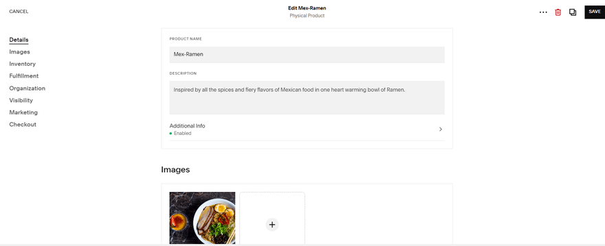 Squarespace add store ramen 2 Product details page with information on title and description