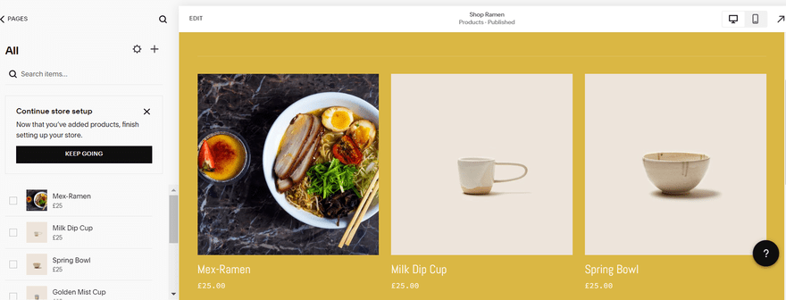 Squarespace add store ramen 3 Three products, two template bowls and cups and one bowl of ramen