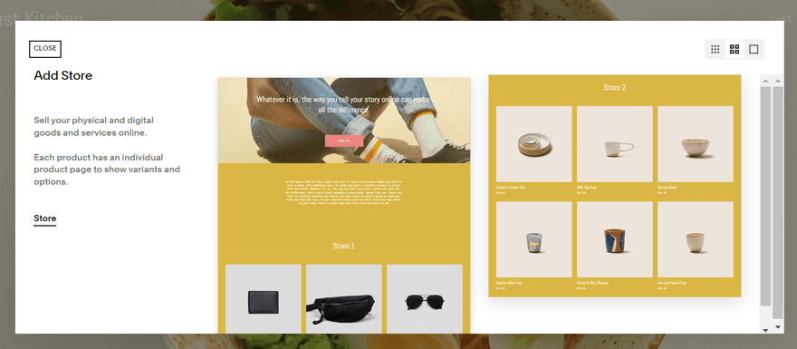 Squarespace add store ramen "Add Store" section of Squarespace with a preview of an online store.