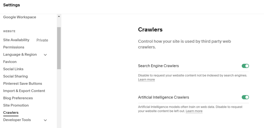 Squarespace AI crawler setting Squarespace setting page with toggles for turning off search engine and AI crawlers