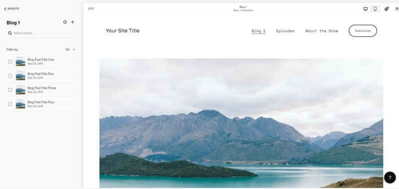 squarespace blogging backend a website editor with image of a lake