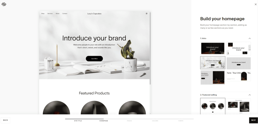 Squarespace Blueprint Step two on Squarespace Blueprint's set up, asking users to design a homepage - there's a preview of the website to the left and design options on the right