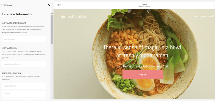 Squarespace Business information Business information menu next to a bowl of ramen.