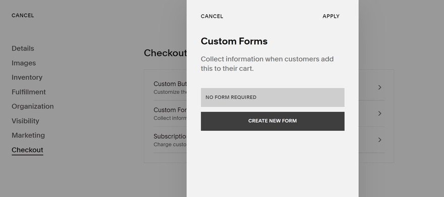 Squarespace checkout form (1) Check out form on Squarespace with a button to create a new form