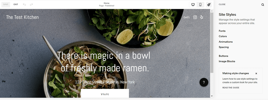 Squarespace design 2 "Site Styles" menu with options for colors, fonts, and more.