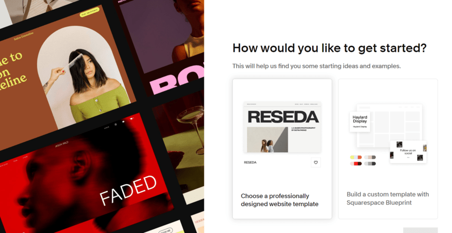 Squarespace design choice Squarespace sign up process asking the user what design choice they want: a template or Squarespace Blueprint