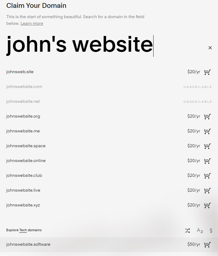 Squarespace Domains List of example domains and pricing from Squarespace