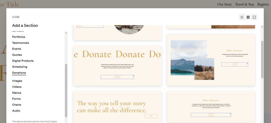 Squarespace design library showing donation elements