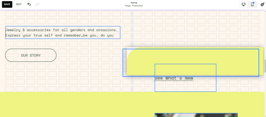 Squarespace drag and drop (1) Example of Squarespace's drag-and-drop editor in use with the grid lines on display