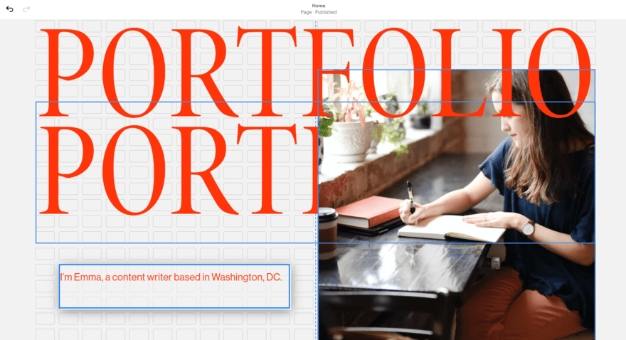 Demo portfolio website built by Squarespace, showing how to drag a text box in the editor