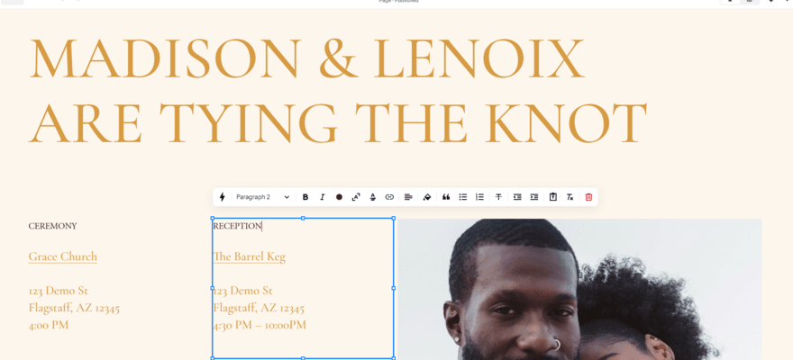 Squarespace's website editor with a text box selected