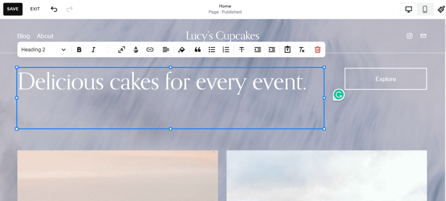 Squarespace's website editor with a text box being edited