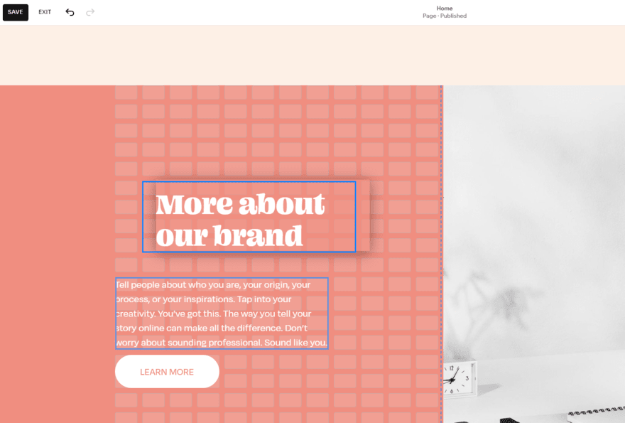 Moving an element in Squarespace's website editor to highlight the grid structure