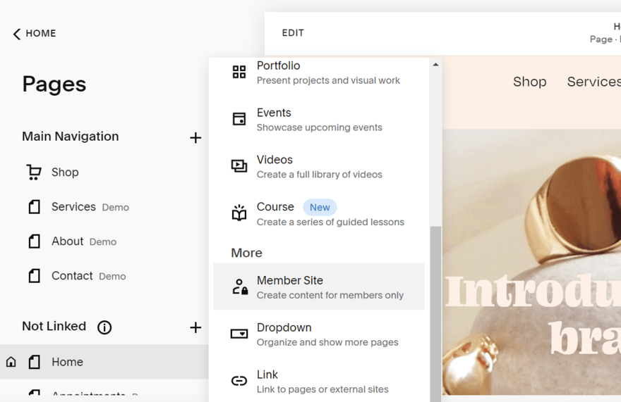 Squarespace's page sidebar panel, showing the option for a member site