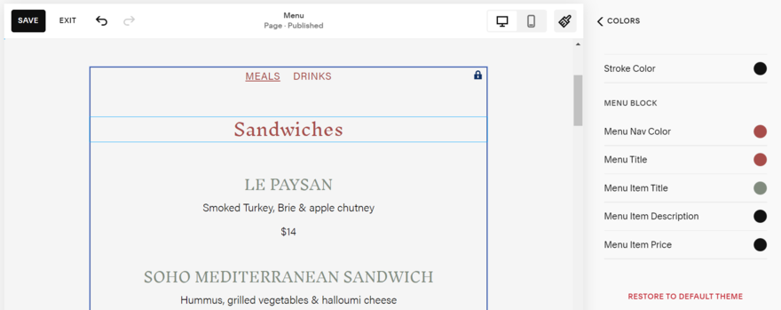squarespace menu design