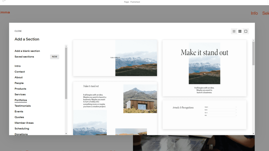 Library of portfolio elements in Squarespace's website editor
