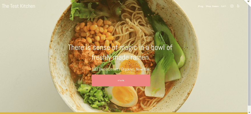 Squarespace preview A website with a bowl of ramen in the middle and a small arrow in the top right corner