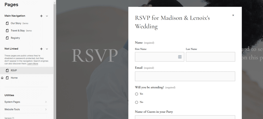 Squarespace RSVP form in wedding website template