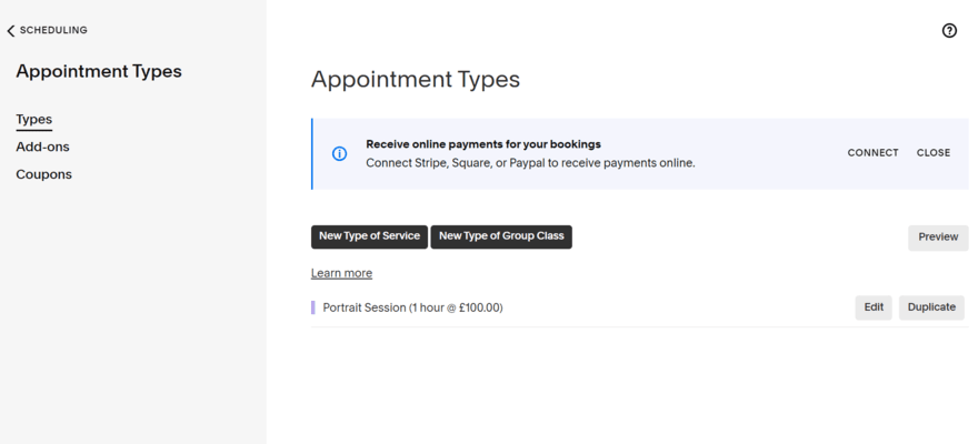 Squarespace Scheduling tool dashboard showing appointment types