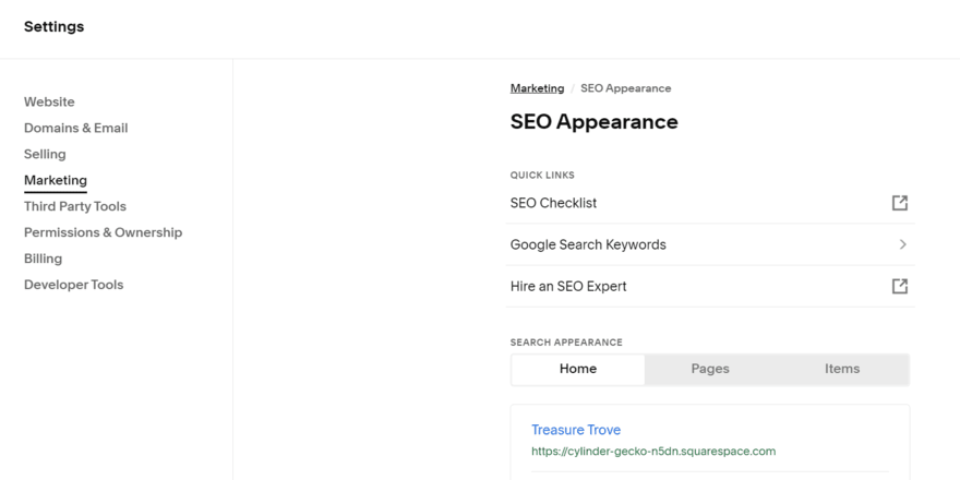 Squarespace SEO appearance Squarespace SEO appearance settings