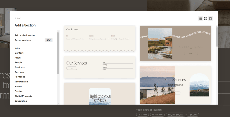 Squarespace section library showing sections for services