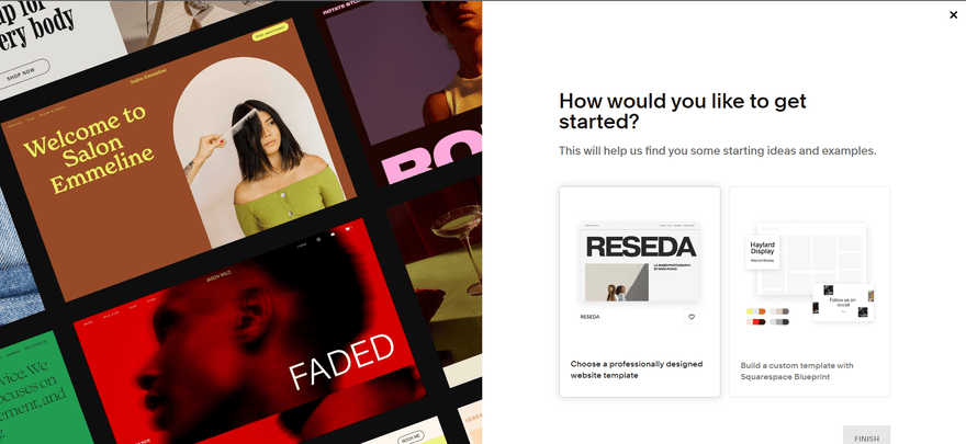 Squarespace sign up choose Brief preview of Squarespace templates on one side and two buttons on the other side