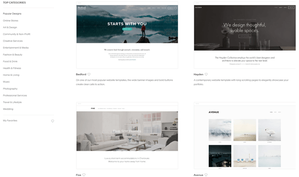 Squarespace Themes Squarespace Themes showcasing four in a search with a side bar menu for narrowing down search