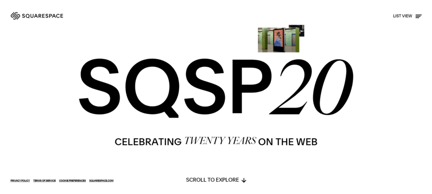 Squarespace timeline White background with "SQSP20" in black text to celebrate Squarespace's 20th anniversary