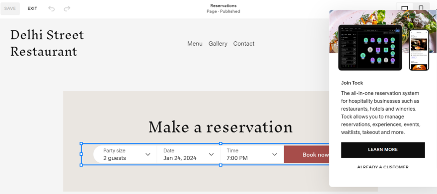squarespace tock integration