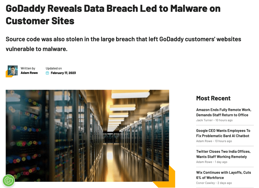 Tech.Co news report on GoDaddy data breach Tech.Co article detailing GoDaddy reveals data breach