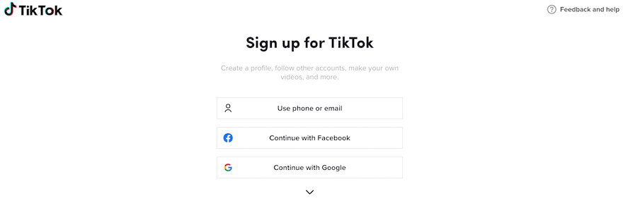 TikTok create account screenshot TikTok create account sign up page