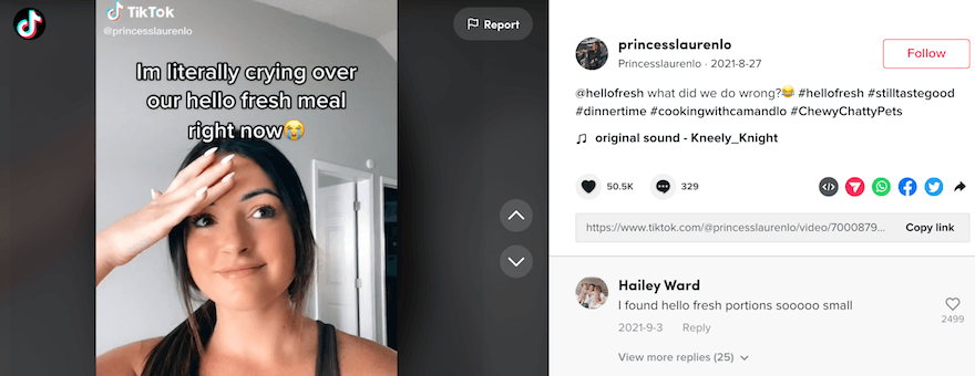 TikTok HelloFresh UGC screenshot TikTok HelloFresh still with image of woman face palming with the text "I'm crying over our hello fresh meal right now"