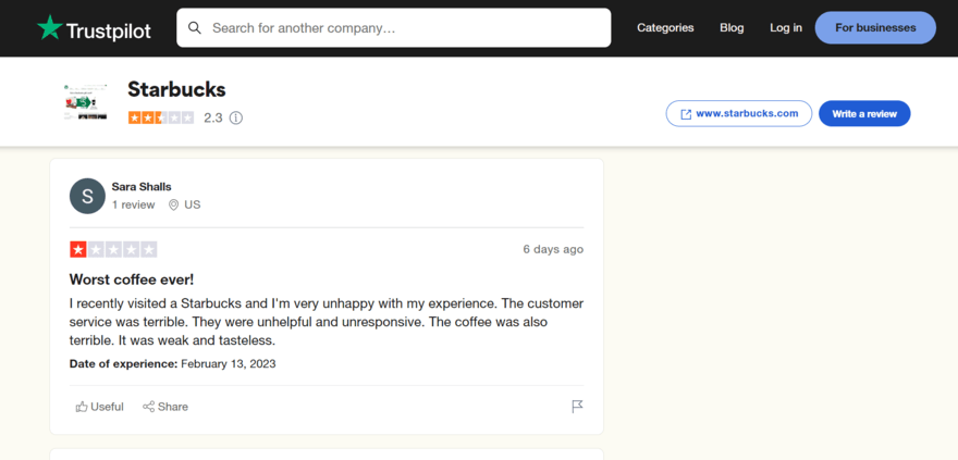 trustpilot starbucks page Starbucks' Trustpilot page featuring a bad customer review