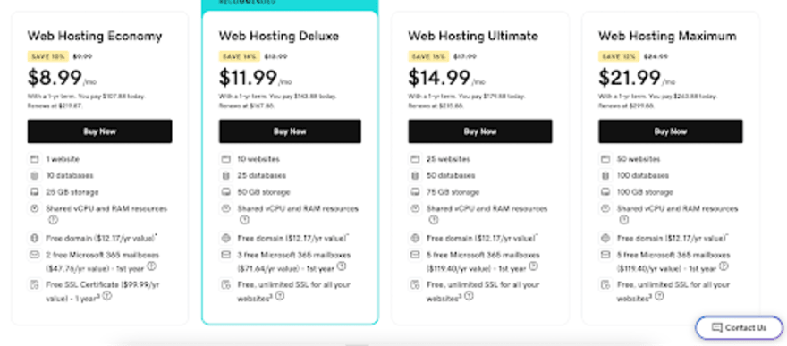 GoDaddy Hosting pricing plan breakdown
