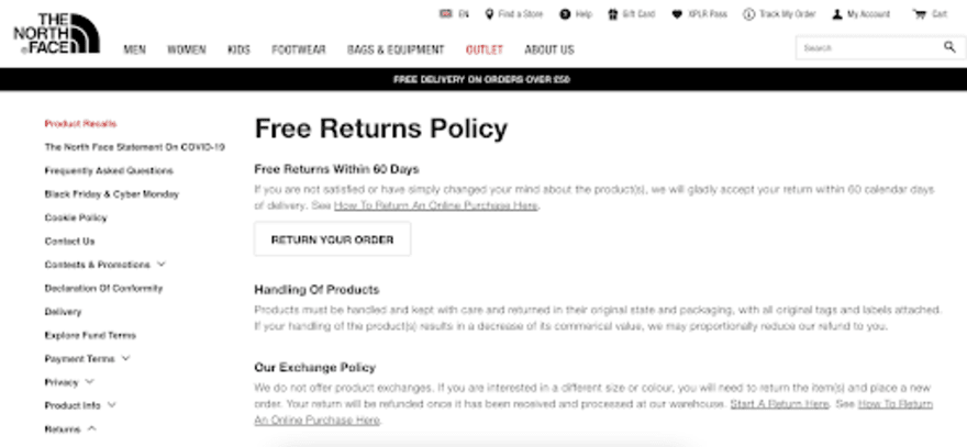The North Face returns policy page The North Face returns policy page