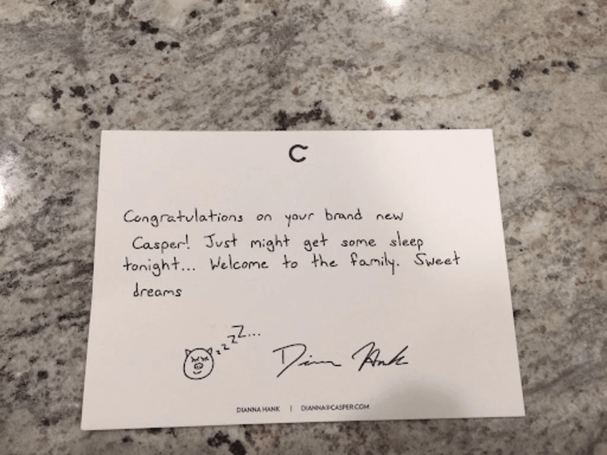 Bed brand Caspar's thank you notes A handwritten thank you note from bed brand Caspar placed on a granite countertop