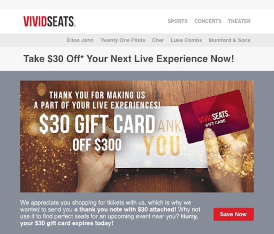 Vivid Seats' thank you page post-purchase, including a large image offering an exclusive gift card deal