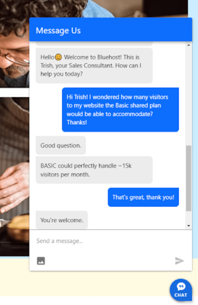 Bluehost live chat support Bluehost live chat support conversation