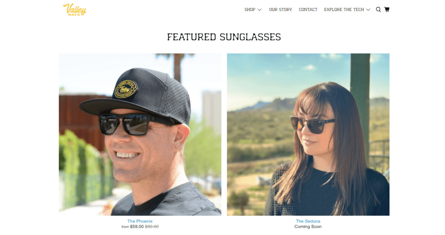 Valley Ray Sunglasses Valley Rays webpage with two images of people wearing their sunglasses, with the prices underneath.