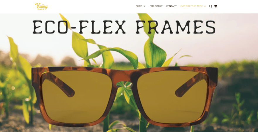 Valley Ray Sustanainability Valley Rays webpage showing a big pair of sunglasses over a background of plants with the title 'Eco-Flex Frames' in black at the top.