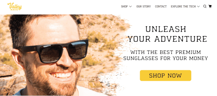 Valley Rays Valley Rays homepage with an image of a man wearing sunglasses on the left and black text on the right.