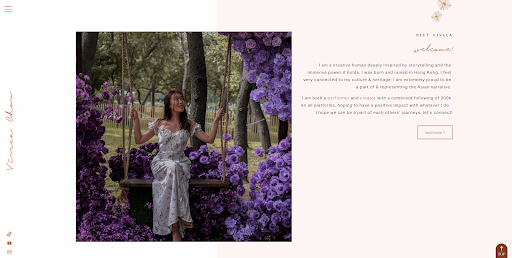 viveca chow bio website bio with woman on dress in park swing with cursive text adjacent