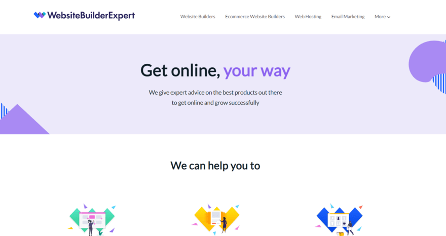 Website Builder Expert homepage with small icons with the "w" in the back