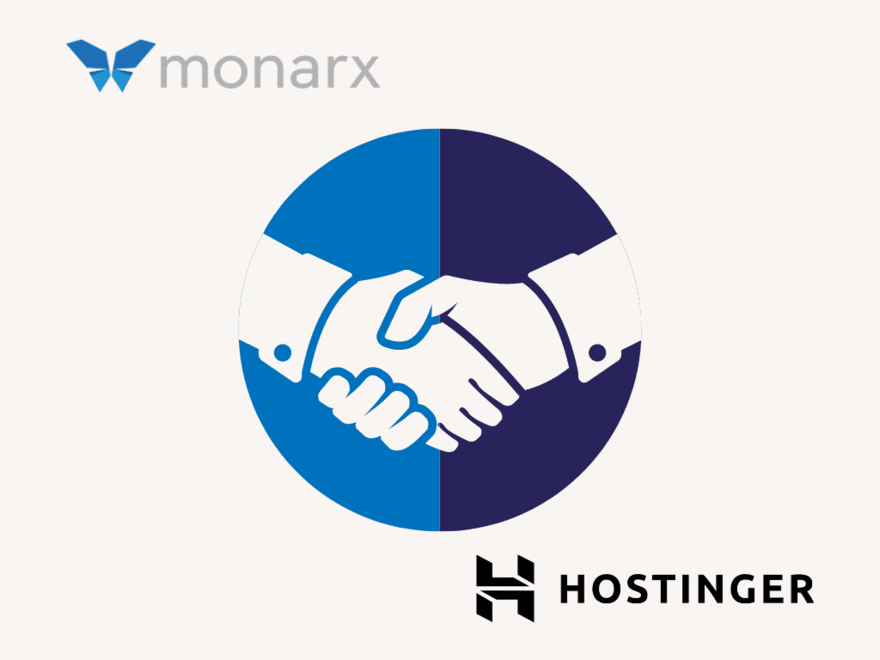WBE News Feature Image (1) Graphic of a handshake with the Monarx and Hostinger logo either side