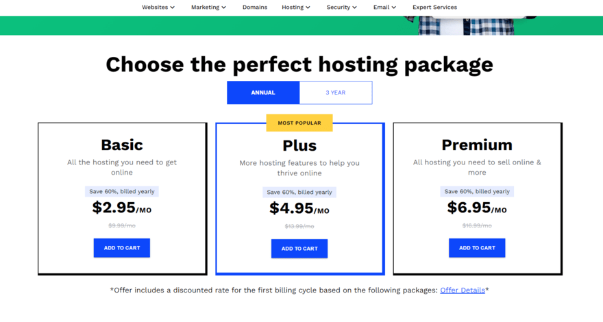 Webcom's three hosting plans in blue squares with an option to add to cart