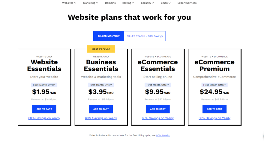 Webcom four pricing plans with the Business Essentials plan highlighted as most popular