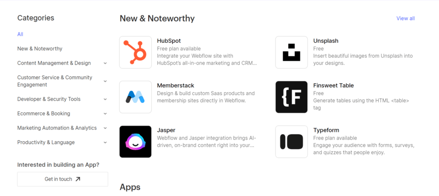 List of apps in Webflow's app store