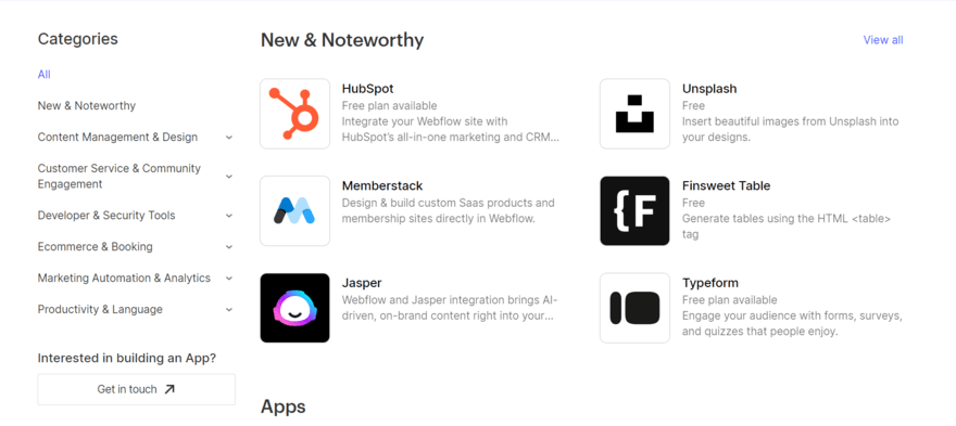 Webflow apps List of apps in Webflow's app store